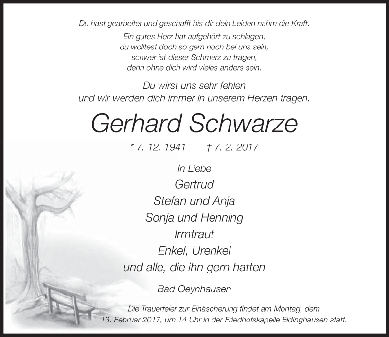  Traueranzeige für Gerhard Schwarze vom 09.02.2017 aus Neue Westfälische