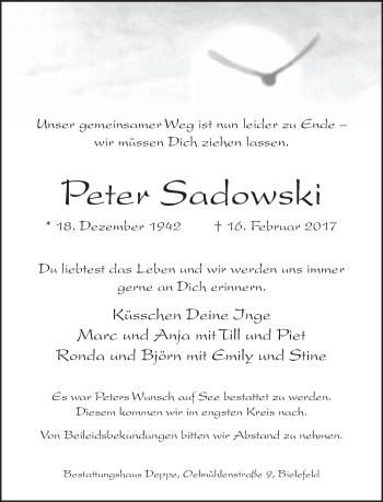 Traueranzeige von Peter Sadowski von Neue Westfälische