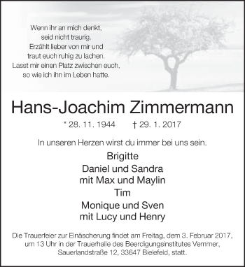 Traueranzeige von Hans-Joachim Zimmermann von Neue Westfälische