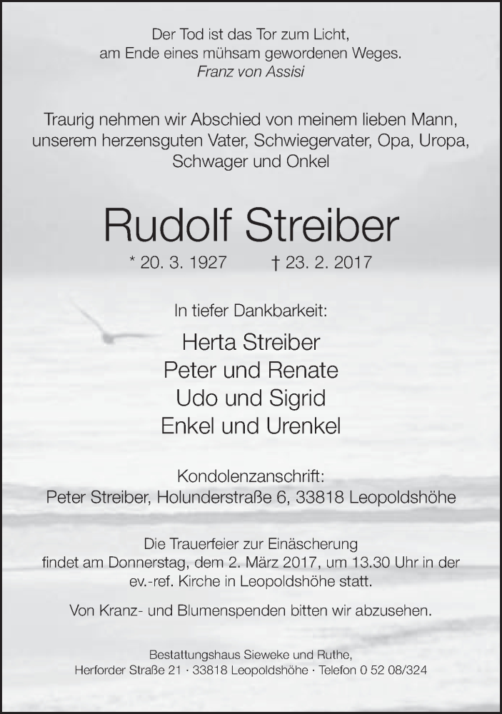 Traueranzeige für Rudolf Streiber vom 27.02.2017 aus Neue Westfälische