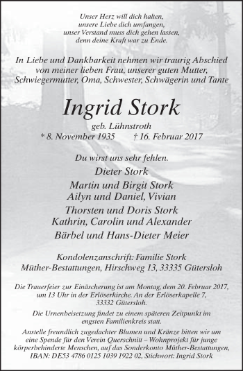 Traueranzeige von Ingrid Stork von Neue Westfälische