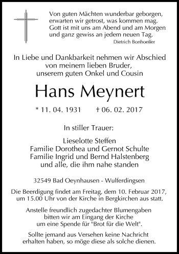 Traueranzeige von Hans Meynert von Neue Westfälische