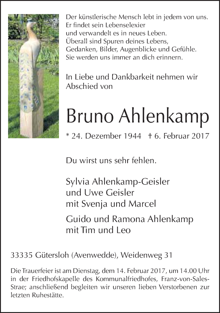  Traueranzeige für Bruno Ahlenkamp vom 11.02.2017 aus Neue Westfälische