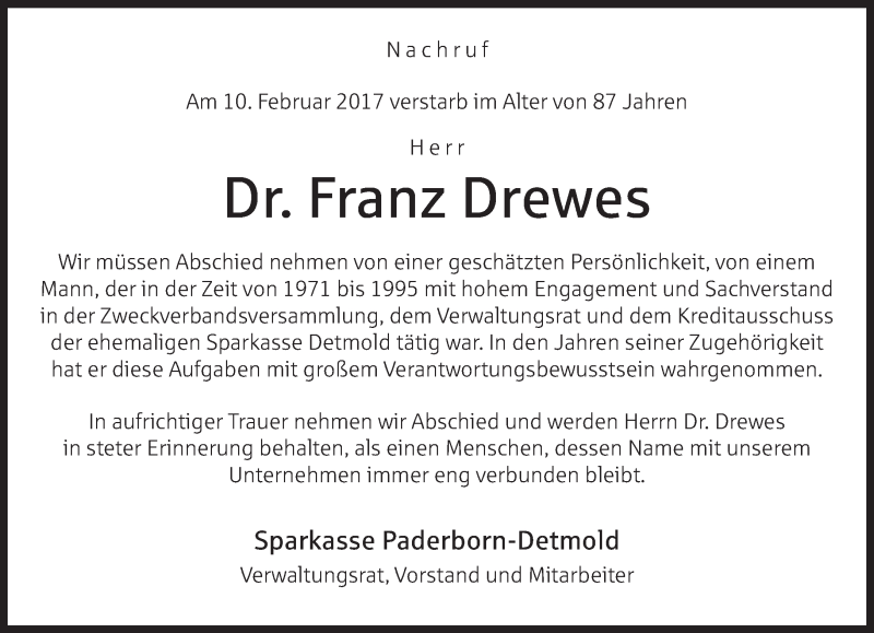  Traueranzeige für Franz Drewes vom 18.02.2017 aus Neue Westfälische