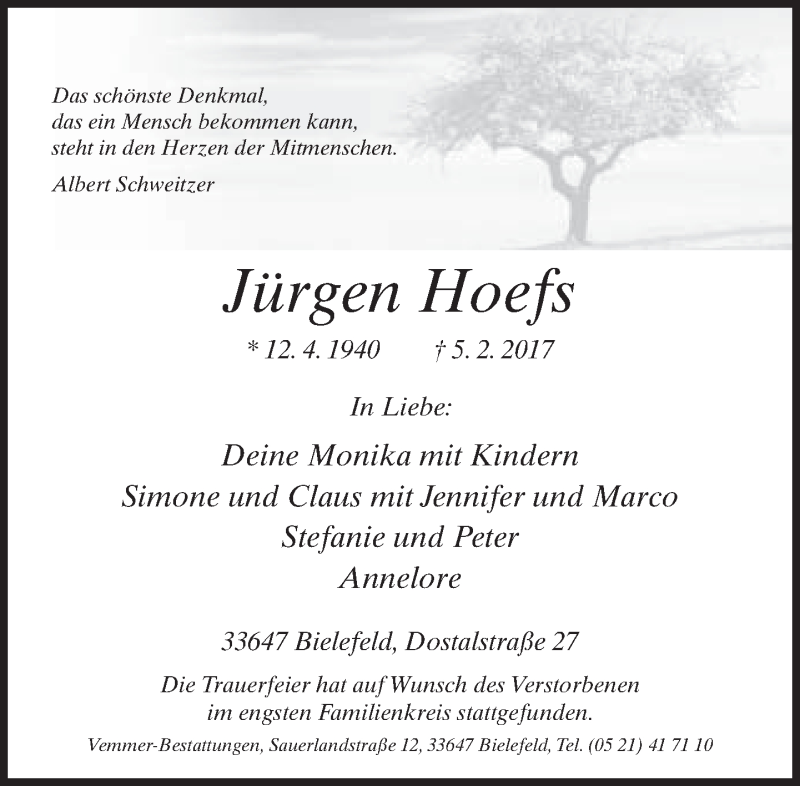  Traueranzeige für Jürgen Hoefs vom 25.02.2017 aus Neue Westfälische
