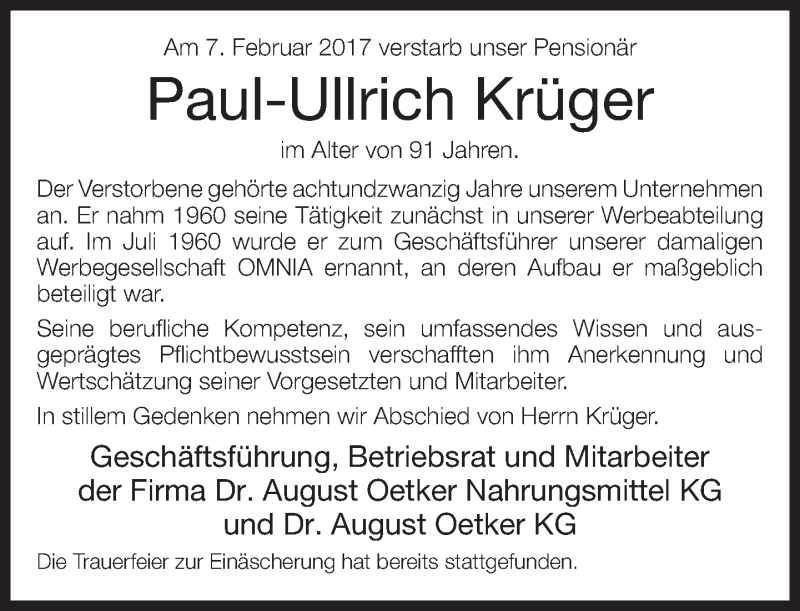  Traueranzeige für Paul-Ullrich Krüger vom 17.02.2017 aus Neue Westfälische