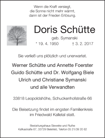 Traueranzeige von Doris Schütte von Neue Westfälische