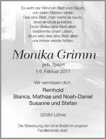 Traueranzeige von Monika Grimm von Neue Westfälische
