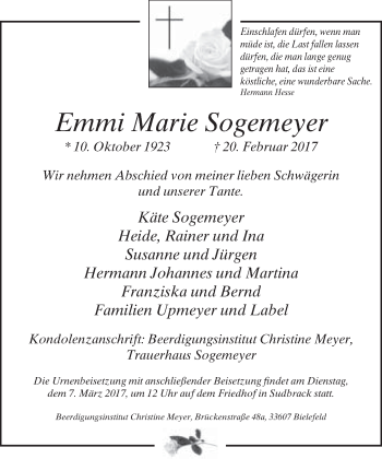 Traueranzeige von Emmi Marie Sogemeyer von Neue Westfälische
