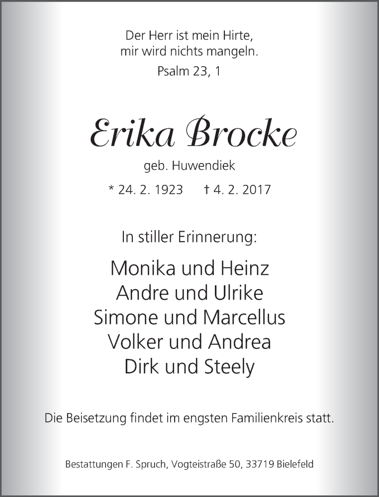  Traueranzeige für Erika Brocke vom 11.02.2017 aus Neue Westfälische