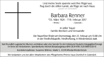 Traueranzeige von Barbara Renner von Neue Westfälische