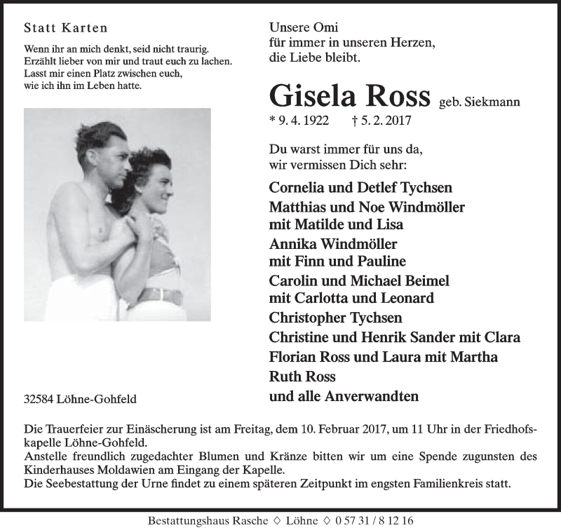  Traueranzeige für Gisela Ross vom 08.02.2017 aus Neue Westfälische