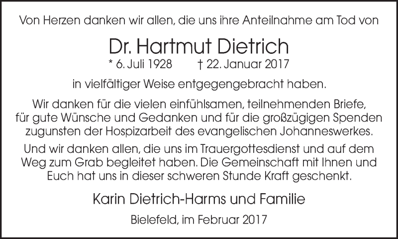  Traueranzeige für Hartmut Dietrich vom 18.02.2017 aus Neue Westfälische