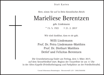 Traueranzeige von Marieliese Berentzen von Neue Westfälische