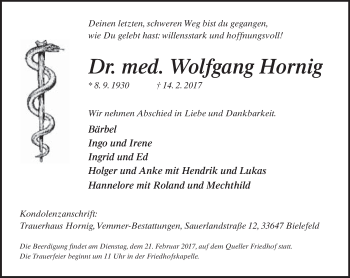 Traueranzeige von Wolfgang Hornig von Neue Westfälische