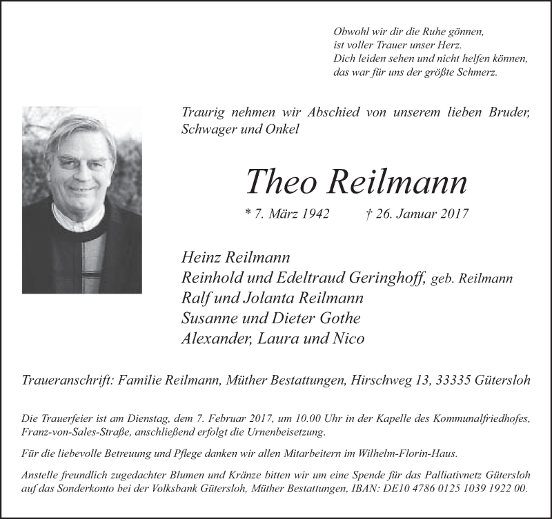  Traueranzeige für Theo Reilmann vom 01.02.2017 aus Neue Westfälische
