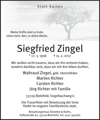 Traueranzeige von Siegfried Zingel von Neue Westfälische