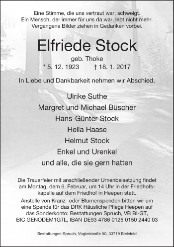 Traueranzeige von Elfriede Stock von Neue Westfälische