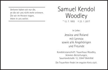 Traueranzeige von Samuel Kendol Woodley von Neue Westfälische