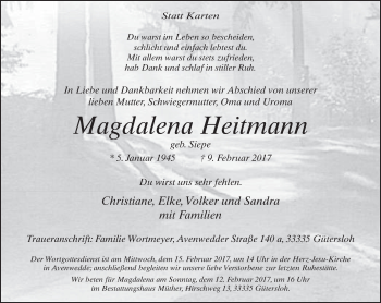 Traueranzeige von Magdalena Heitmann von Neue Westfälische