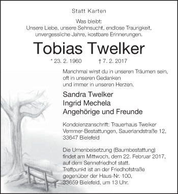 Traueranzeige von Tobias Twelker von Neue Westfälische