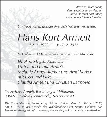 Traueranzeige von Hans Kurt Armeit von Neue Westfälische