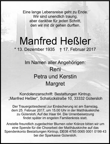 Traueranzeige von Manfred Heßler von Neue Westfälische