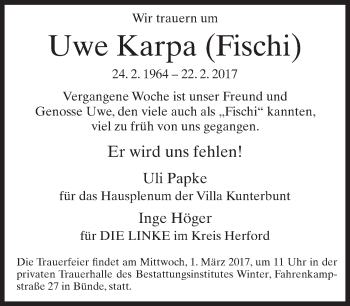 Traueranzeige von Uwe Karpa von Neue Westfälische
