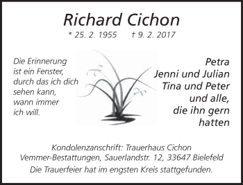 Traueranzeige von Richard Cichon von Neue Westfälische