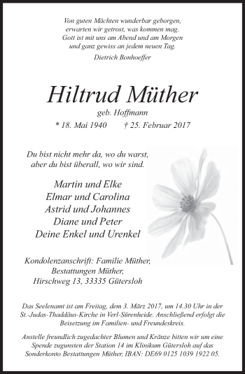 Traueranzeige von Hiltrud Müther von Neue Westfälische