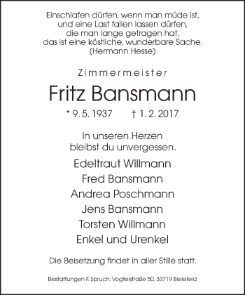 Traueranzeige von Fritz Bansmann von Neue Westfälische