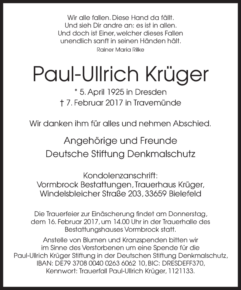  Traueranzeige für Paul-Ullrich Krüger vom 11.02.2017 aus Neue Westfälische