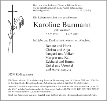 Traueranzeige von Karoline Burmann von Neue Westfälische