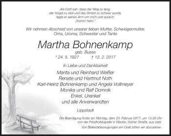 Traueranzeige von Martha Bohnenkamp von Neue Westfälische