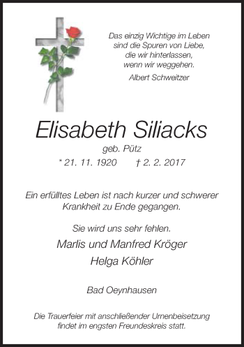 Traueranzeige von Elisabeth Siliacks von Neue Westfälische
