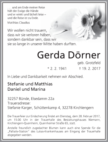 Traueranzeige von Gerda Dörner von Neue Westfälische