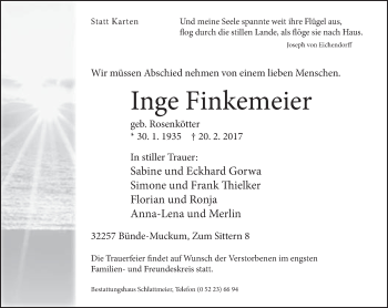Traueranzeige von Inge Finkemeier von Neue Westfälische