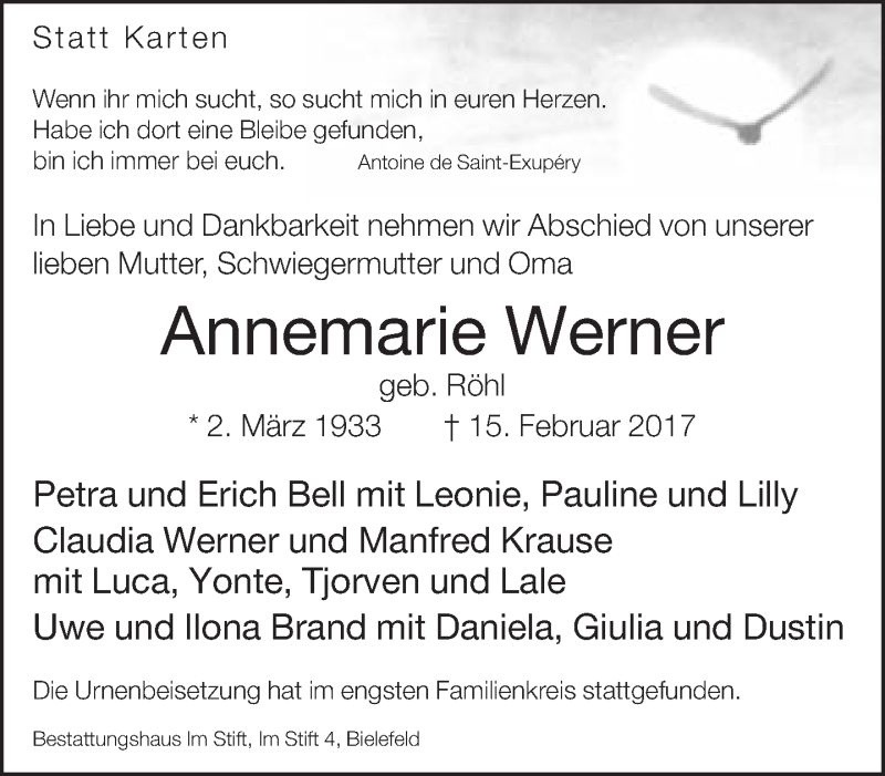  Traueranzeige für Annemarie Werner vom 25.02.2017 aus Neue Westfälische