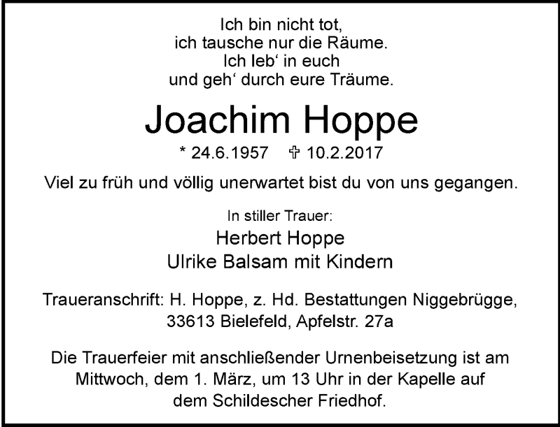  Traueranzeige für Joachim Hoppe vom 18.02.2017 aus Neue Westfälische