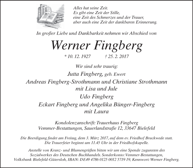  Traueranzeige für Werner Fingberg vom 28.02.2017 aus Neue Westfälische