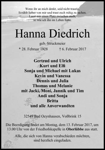 Traueranzeige von Hanna Diedrich von Neue Westfälische