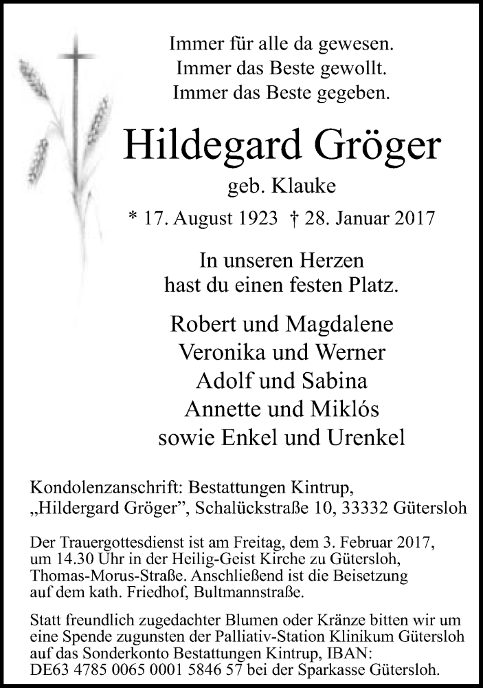  Traueranzeige für Hildegard Gröger vom 01.02.2017 aus Neue Westfälische