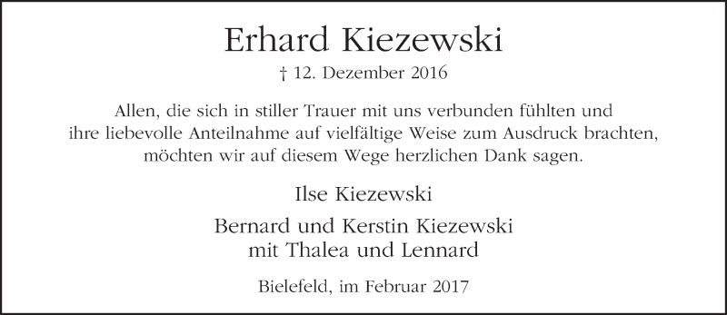  Traueranzeige für Erhard Kiezewski vom 18.02.2017 aus Neue Westfälische