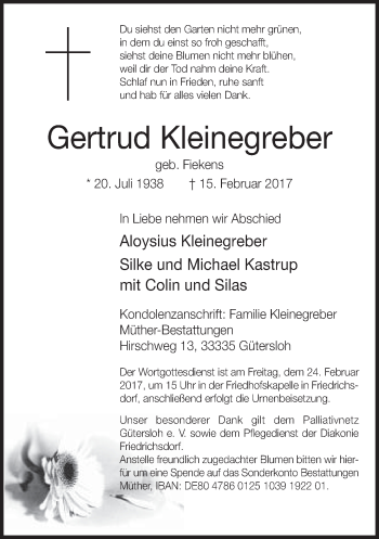 Traueranzeige von Gertrud Kleinegreber von Neue Westfälische