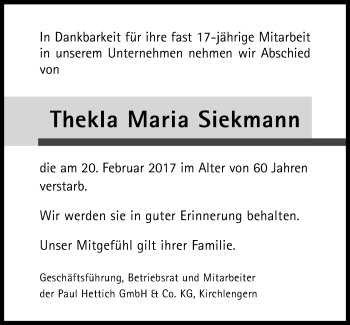 Traueranzeige von Thekla Maria Siekmann von Neue Westfälische