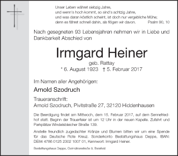 Traueranzeige von Irmgard Heiner von Neue Westfälische