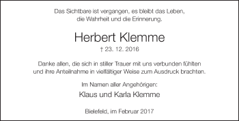 Traueranzeige von Herbert Klemme von Neue Westfälische