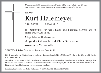 Traueranzeige von Kurt Halemeyer von Neue Westfälische