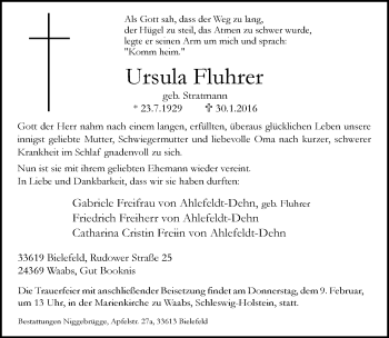 Traueranzeige von Ursula Fluhrer von Neue Westfälische