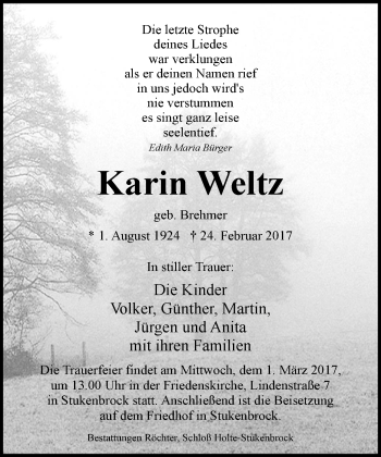 Traueranzeige von Karin Weltz von Neue Westfälische